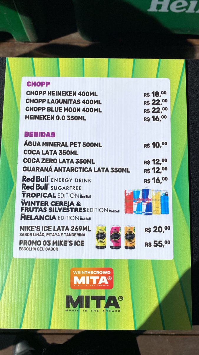 weinthecrowd's tweet photo. Valores de bebidas no MITA Festival São Paulo. O copo da Heineken também está sendo distribuído, é só pegar a pulseira +18 na entrada para pedir o seu no bar. 🍹
#MITA23 #MusicIsTheAnswer https://t.co/tlfCjuRqJ6