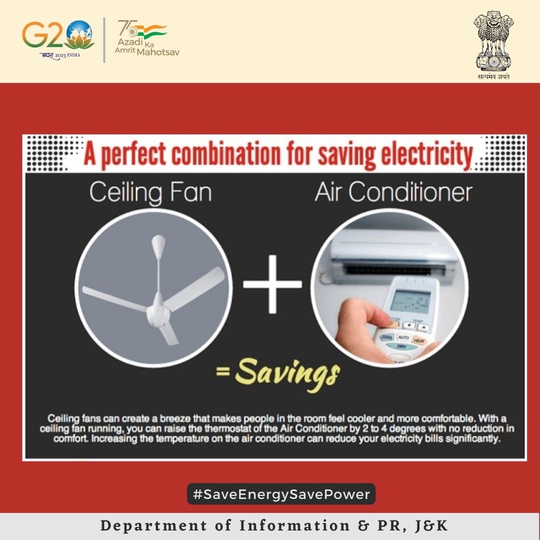 dckupwara's tweet photo. #SaveEnergySavePower
Save electricity with the perfect combination of Ceiling Fan and Air Conditioner. With a cieling fan running, you can increase the temperature of AC by 2-4 degree whcih will reduce your electricity bill too.
@diprjk
@ddnewsSrinagar
@ddnews_jammu https://t.co/8hCKHwnGtB
