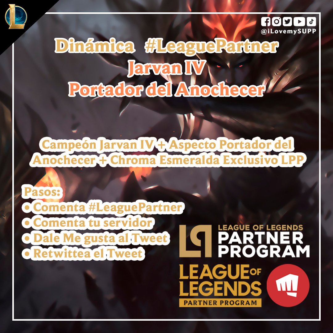 ilovemysupp's tweet photo. Soy parte del Programa de Socios de LoL de Riot Games y ellos me dieron algunos códigos para ustedes.

Jarvan IV Portador del Anochecer:
• Serán 20 códigos

Los resultados los daré a conocer el lunes 5 de junio de 2023.

¡Mucha suerte a todos!

#LeagueOfLegends #LeaguePartner https://t.co/sT7PCCuDuH