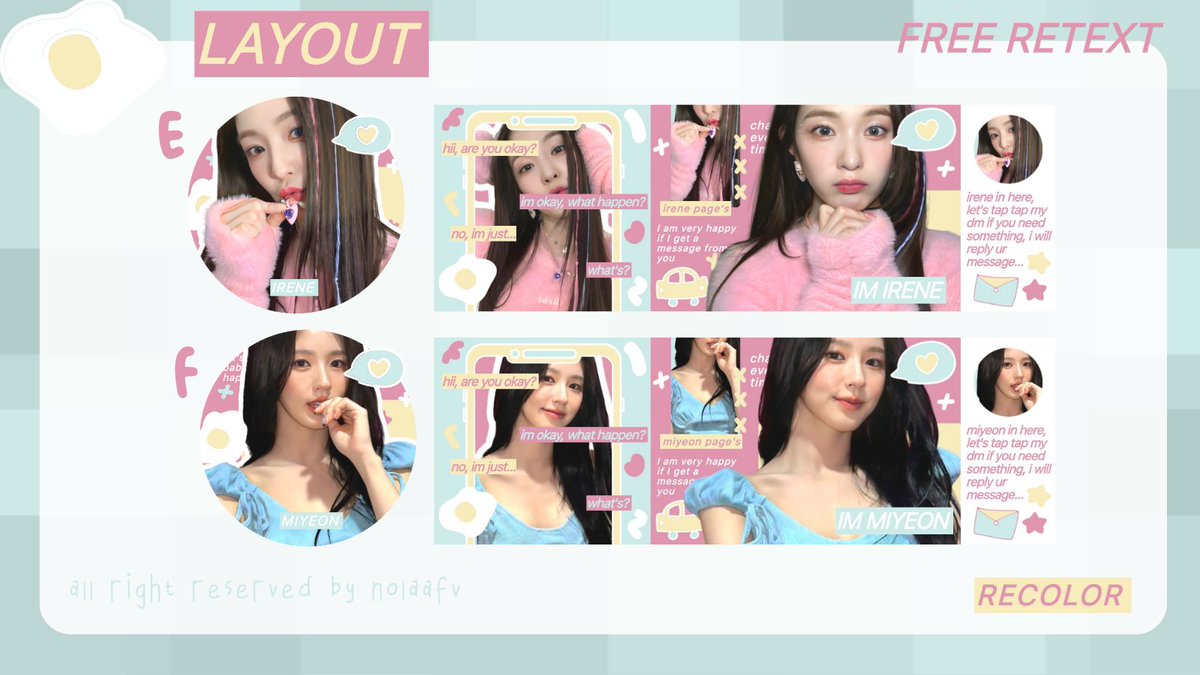 nolaafv's tweet photo. ｡⁠*⁠♡ help rt please, thank you so much !! 
hii everyone, aku mau clearance sell layout di bawah ini 5000/ea payment all e-wallet (qris) free retext for name (no recolor) 🍭 order via dm 💌🎀

note ; karina, haewon, yuqi (l) sold 🥟

#zonauang https://t.co/eHZPBCh6L8