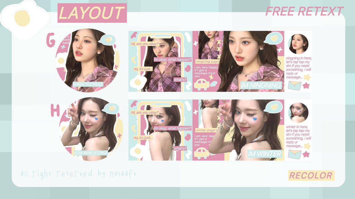 nolaafv's tweet photo. ｡⁠*⁠♡ help rt please, thank you so much !! 
hii everyone, aku mau clearance sell layout di bawah ini 5000/ea payment all e-wallet (qris) free retext for name (no recolor) 🍭 order via dm 💌🎀

note ; karina, haewon, yuqi (l) sold 🥟

#zonauang https://t.co/eHZPBCh6L8