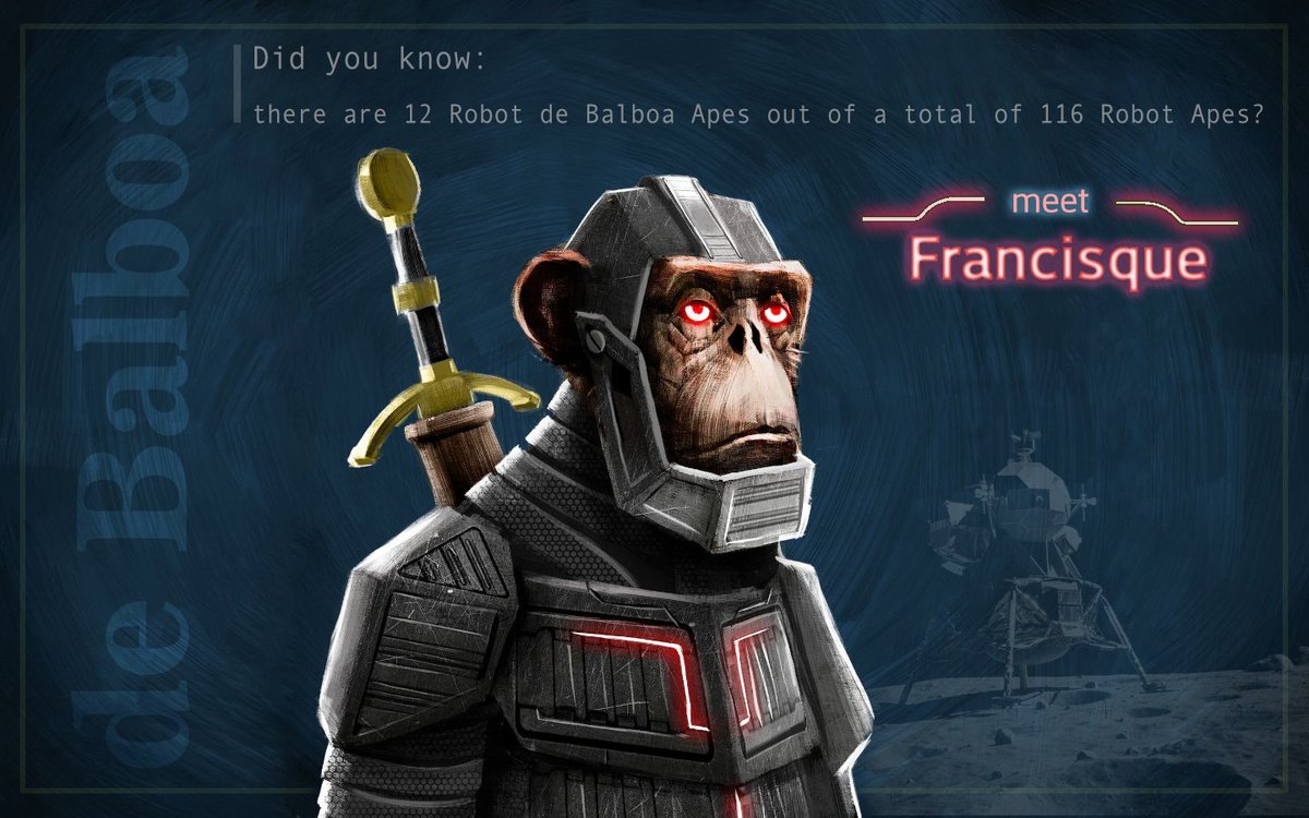 Debalboa_TAS's tweet photo. Interesting fact ! Did you know that there are only 12 ROBOT de Balboa Apes out of 116? 10% rarity ! Meet Francisque de Balbao, one such rare ROBOT Ape #debalboa #TAS @the_ape_society #CNFT #ADA https://t.co/G9UIpdlMbH