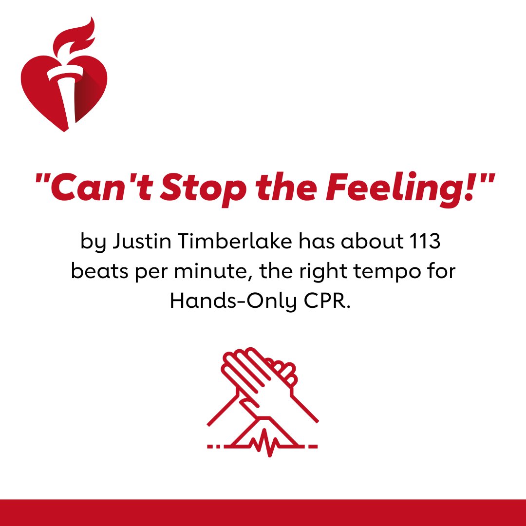 GeorgiaAHA's tweet photo. Learn the 2 steps of Hands-Only CPR and Be the Beat for your family: 👉 Call 911 👉 Push hard and fast in the center of the chest at the same tempo as "Can't Stop the Feeling!" by Justin Timberlake #CPRsaveslives #cprawarenessweek #aedawarenessweek https://t.co/CQyY7OiHnW