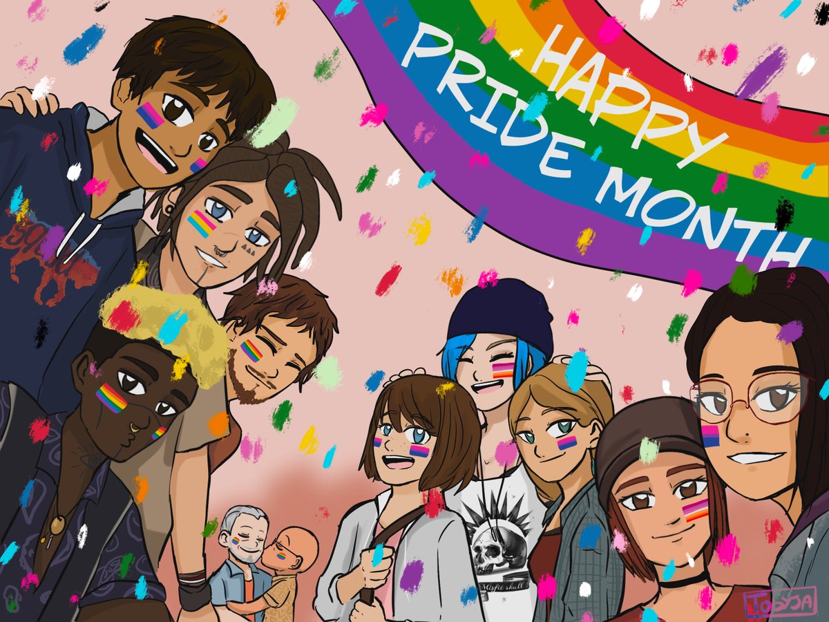 LifeIsStrange's tweet photo. Our first piece of #LifeIsStrange #Pride fan art is this wonderful image of many of the faces of the franchise celebrating together, by @Tobyja03! https://t.co/er6u4mi7nf