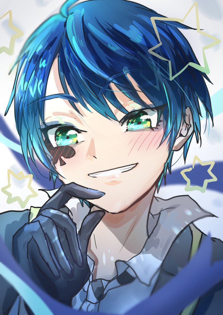 1boy male focus blue hair smile solo gloves green eyes  illustration images