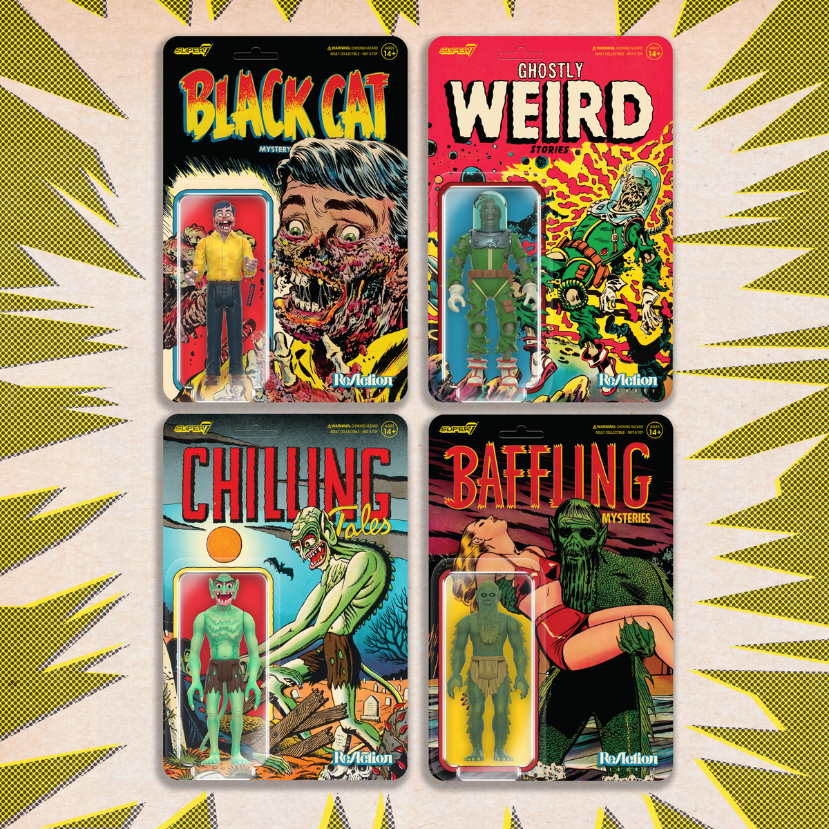 super7store's tweet photo. Let's kick off the weekend with...a GIVEAWAY! 
For a chance to WIN a set of the Pre-Code Horror ReAction Figures you must:
1. RT &amp; follow us @super7store 
2. Comment with your favorite Pre-Code Horror ReAction Figure! 
Bonus points to tag a friend who should be following #Super7! https://t.co/Cj2boxsD2y