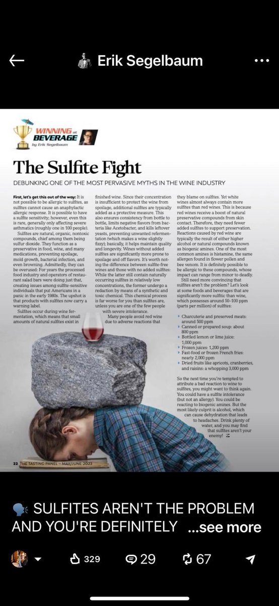 I'm really glad that <a href="/ErikSegelbaum/">Erik Segelbaum</a> continues to challenge the unfounded fear of sulfites, often promoted through misleading marketing and messaging from natural or clean wine, both deliberately and inadvertently appealing to chemophobia.