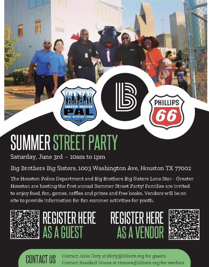 No plans today? Make sure to stop by our Summer Street Party at Big Brothers Big Sisters, 1003 Washington Ave., Houston TX, 10am-1pm! Thank you to all of our vendors for coming out! @texanscare @HoustonRockets @astros @TexasChildrens @Phillips66Co 
@TFTGreaterHou and many more!