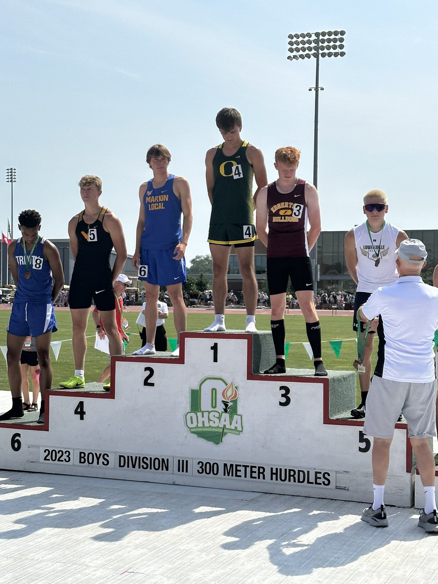WOSNScores's tweet photo. 🚨STATE CHAMP ALERT 

Ottoville Kellen Schlagbaum is your D3 State Champion in the 300 hurdles, running a time of 38.60.

Marion Local’s Owen Rindler was 2nd with a time of 38.86

Edgerton’s Carter Herman 3rd in 39.15

Colton Reese 7th in 40.07 https://t.co/sVM4goKDLO
