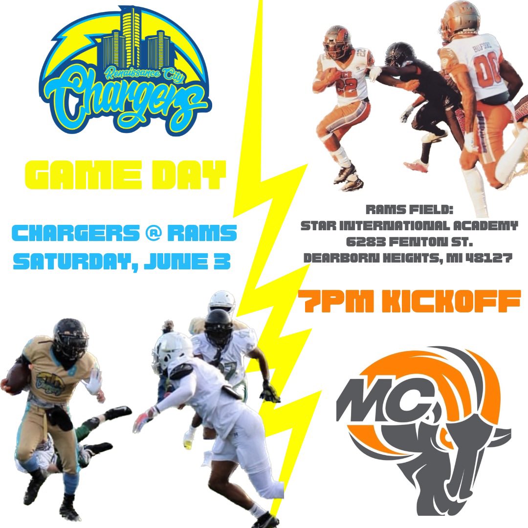BoltNation313's tweet photo. ⚡️GAME TIME⚡️ 

🏈: Renaissance City Chargers @ Motor City Rams 
🗓️: Saturday, June 3, 2023
⏰: 7:00pm
📍: Star International Academy (Dearborn Heights)
🎟️: $10, Kids 12 &amp; Under Are Free

Can’t attend but would still like to donate? 💰
Cash App: $BoltNation https://t.co/clgHbhOouF