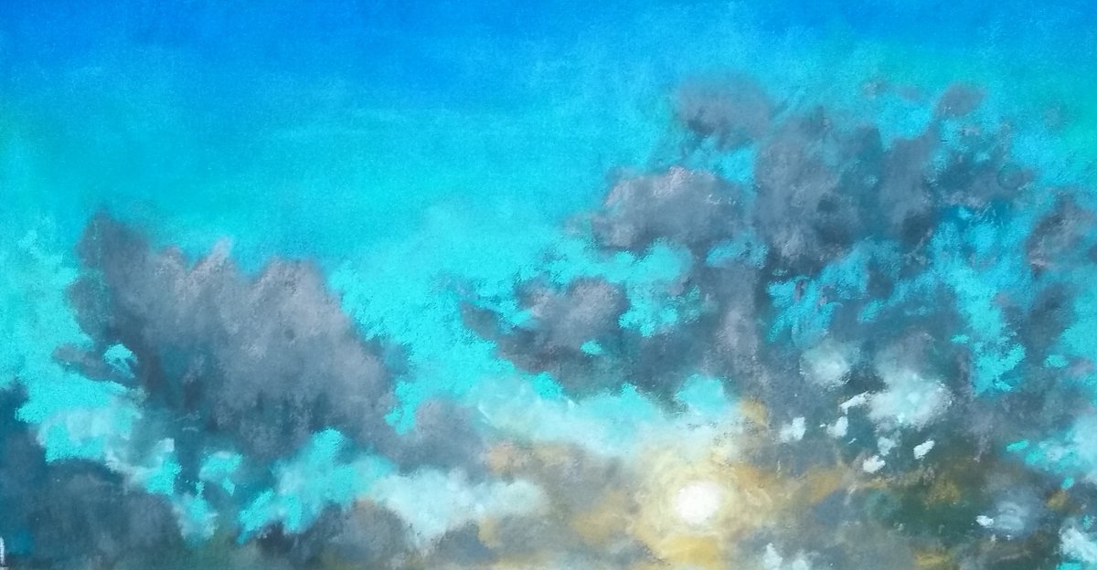 Summer blue skies with a low sun.  This original artwork is in my Etsy shop and available to collectors here☺️👇 visit today to find out more
Original soft pastel painting - A Patch of Sky etsy.me/3WM8ywk via @Etsy 
#sky #clouds #SoftPastel #painting