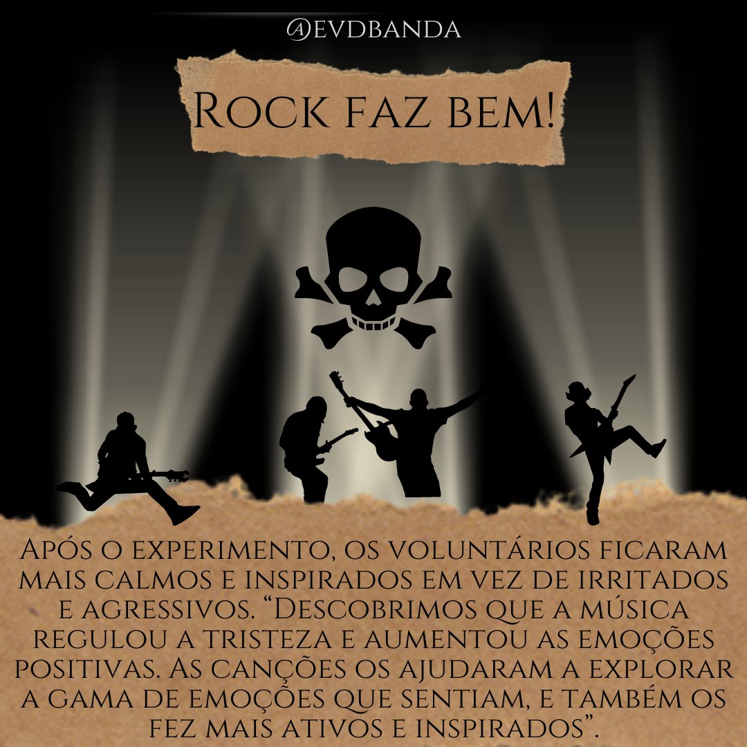 EVDBanda's tweet photo. O rock tem o poder de acalmar, ajuda a combater a depressão e inspiram pensamentos positivos

#fazbem #fazbempravocê #rock #rockandroll #musicoterapia #rockpesado #emoções #pensamentopositivo #depressão #combateadepressao #inspiração #inspiracao #saúde #saude #bemestar #pesquisa https://t.co/VvuT1OusS1