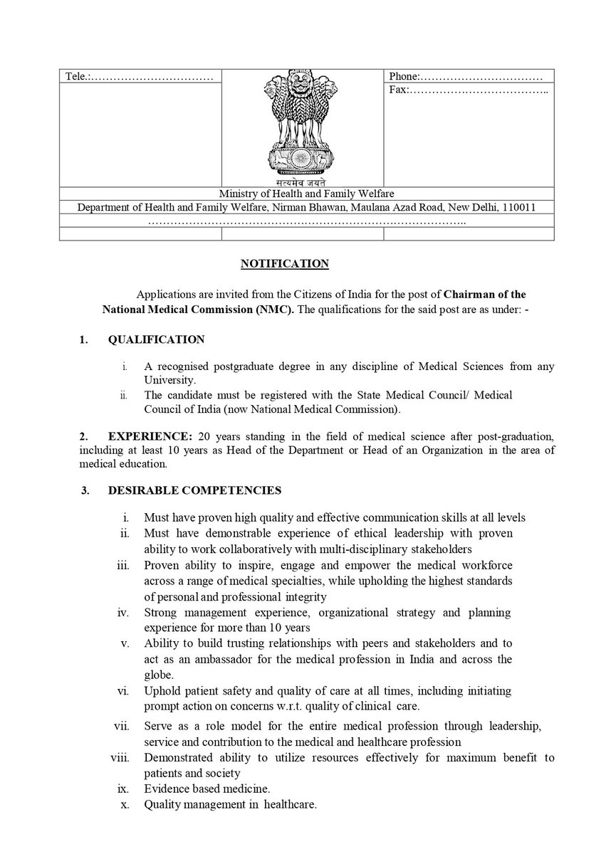 shubham_a_jha's tweet photo. Applications are invited by @MoHFW_INDIA for the post of NMC Chairman, Secretary and other members of National Medical Commission as the tenure of the current team is about to end. It will be interesting to see how the new team takes up #NEXT &amp; other reforms https://t.co/0xzRFnSBRh