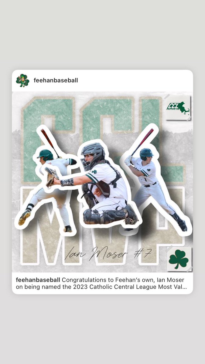 Cdmordas's tweet photo. CCL MVP incredible season - well deserved!  Absolute stud and leader at the plate and behind the plate!  @Ian_Moser7  @Feehan_Baseball @FeehanAthletics @BishopFeehanHS @GBG_Hawks @Feehan_Fanatics https://t.co/MWM3YWcUF4