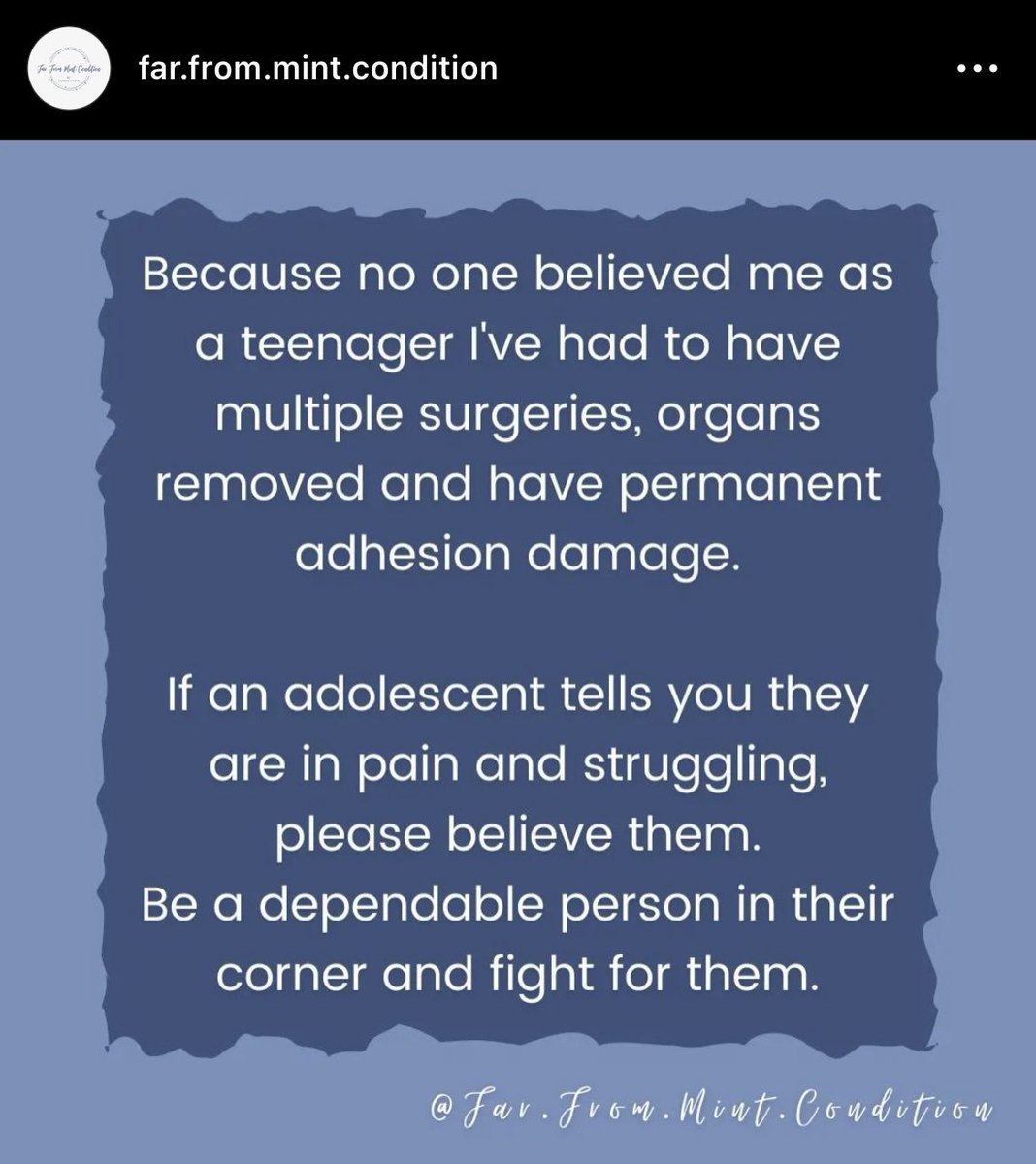 💯🔥So important, even if it’s not your child- please listen and help them have a voice. TY.🫂♥️
#chronicpain #chronicpainwarrior #chronicillness #chronicillnesswarrior #chronicfatigue #nausea #anemia #stomachpain #stomachproblems #endometriosis #fibromyalgia #awareness #advocacy
