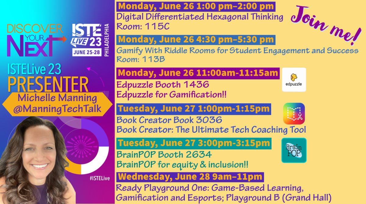 Excited for #ISTELive23! Please join one of my sessions 😊 I’ll be featuring @KamiApp @quizizz @edpuzzle @BookCreatorApp @brainpop @Google Slides 🤩 Giveaways too! Please comment with any questions & retweets appreciated! #edtech #iste #techcoach #GoogleET
#GoogleEC #kamihero