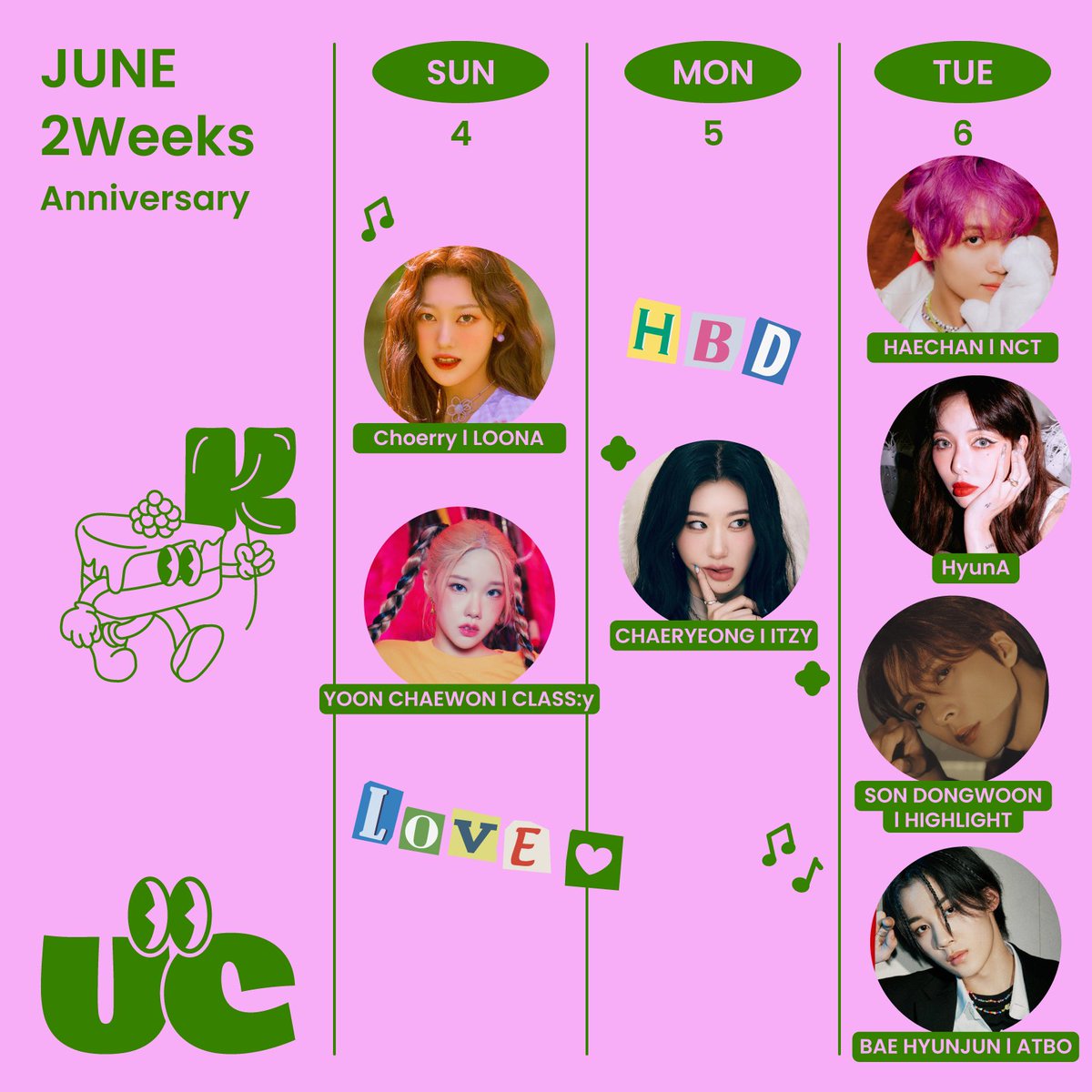 fan_uscake's tweet photo. 🍰Weekly Cake!🍰
This week’s lineup includes:
🎉 Sunday: #Choerry of #LOONA , #CHAEWON of #CLASSy
🎉 Monday: #CHAERYEONG of #ITZY 🎉 Tuesday: #HAECHAN of #NCT , #HyunA #Dongwoon of #Highlight, #Hyunjun of #ABTO
🎉 Wednesday: #SEOHO of #ONEUS
🎉 Thursday: #JR of #NUEST
🎉 Saturday: #Jun of #SEVENTEEN , #LIGHTSUM 2nd Anniversary 🎊