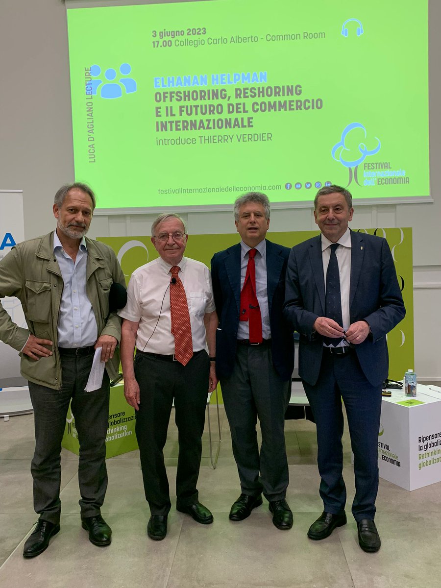 The XXI LdA Lecture on 'Offshoring, Reshoring, and the Future of International Trade' with @ElhananHelpman during @festinteconomia is starting now!!

Join us at @CollegioCA !

Thierry Verdier @GNavaretti @F_Profumo