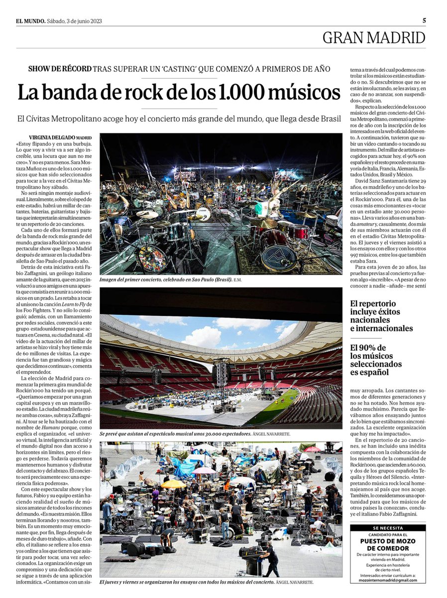 aorrantiah's tweet photo. 💥 ¡El día ha llegado!💥 Hoy podemos disfrutar de la banda de #rock más grande del mundo 🎸🤘🏻¡1.000 músicos!

El @rockin_1000 Rockin' 1000 llega al #Metropolitano.

Solo @RockFM_ES podía traer a #Madrid el mayor espectáculo rock del mundo.

👉🏻 https://t.co/fZPE990F8w https://t.co/v8G11KSPOk