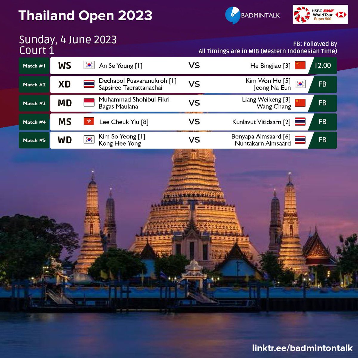 Order Of Play - #ThailandOpen2023 - Day 6

IT'S FINAL DAY!

Sunday, 4 June 2023
Starts 12.00 WIB

Your prediction?