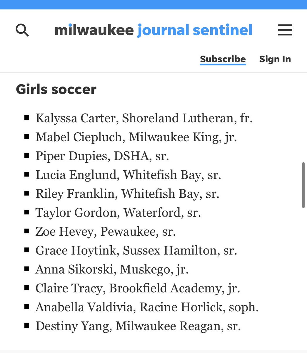 Proud to be one of the nominees for girls soccer player of the year by the Milwaukee Journal Sentinel, along with many of my <a href="/SCWAVEROC/">SC WAVE</a> teammates!