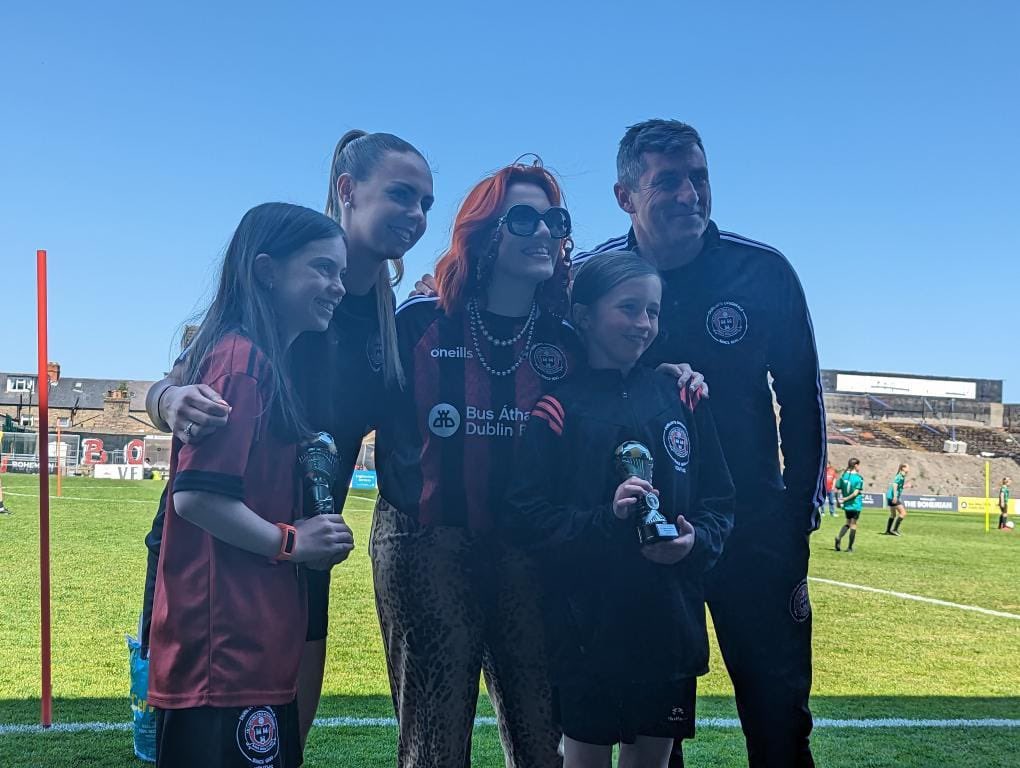 bfcdublin's tweet photo. ✌️Among the record crowd for an SSE Airtricity Women’s Premier Division game today was @cmatbaby - she was on hand to help with our youth section end-of-season awards too.

❤️🖤 We hope everyone in attendance enjoyed the game - see you again next Saturday when we face Cork City! https://t.co/NNuDhkaPPK