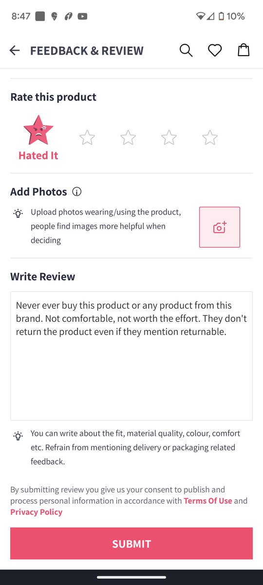 theflyingbird22's tweet photo. @myntra I had tagged u regarding my concern about how u r not accepting the return despite having mentioned the prod is returnable on top of it u r curtailing customers expressions by rejecting negative reviews. I am going 2 
tag d resp govt dept if u dont address my concern ASAP https://t.co/d9bvxtnCez