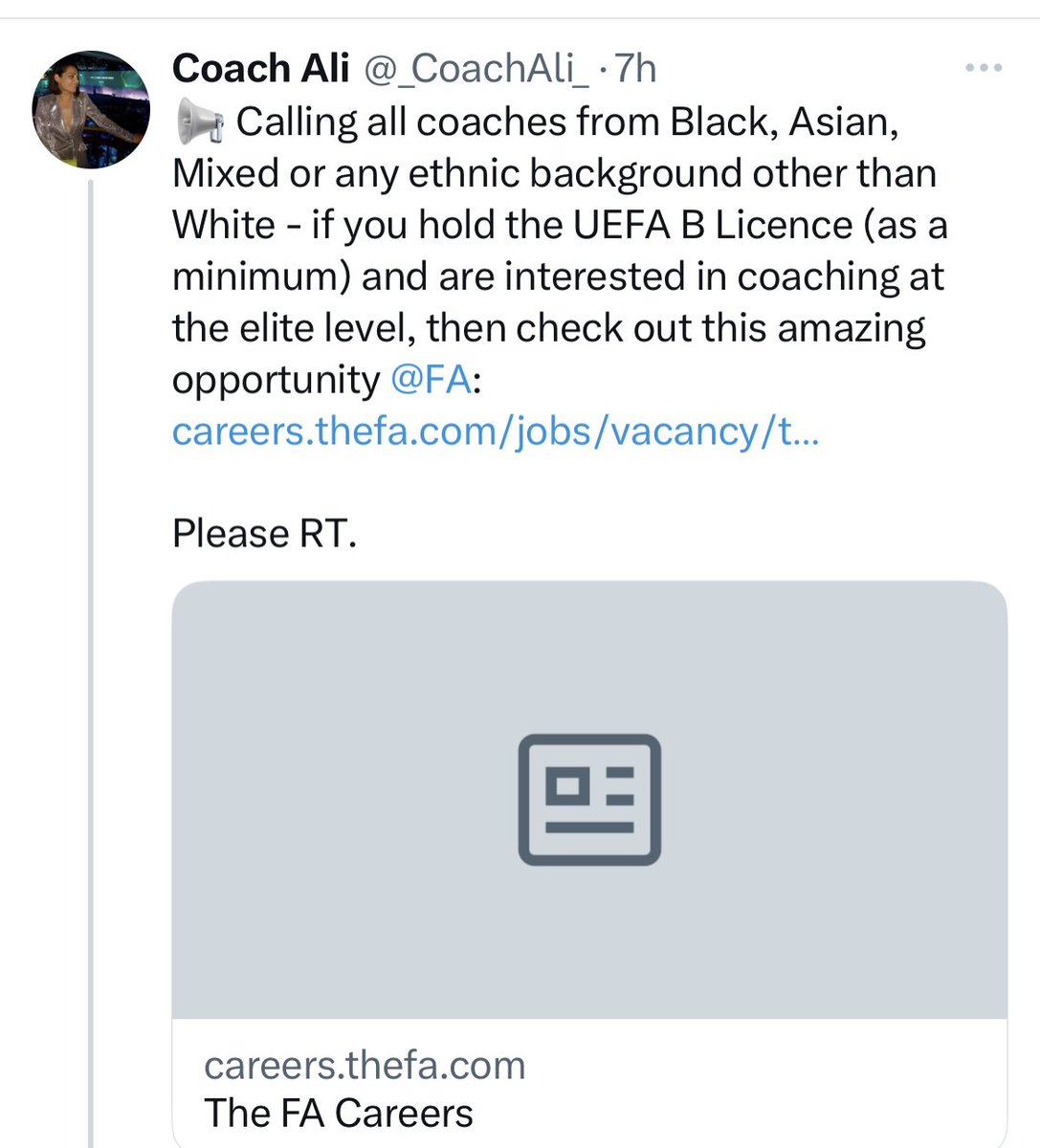 read this several times &amp; finding it hard that no-one has looked at this &amp; doesn’t c the damage that this advert is creating! Change the criteria &amp; replace with “other than black” someone please explain how this is creating a diversity in football ?? #footballforall #equality