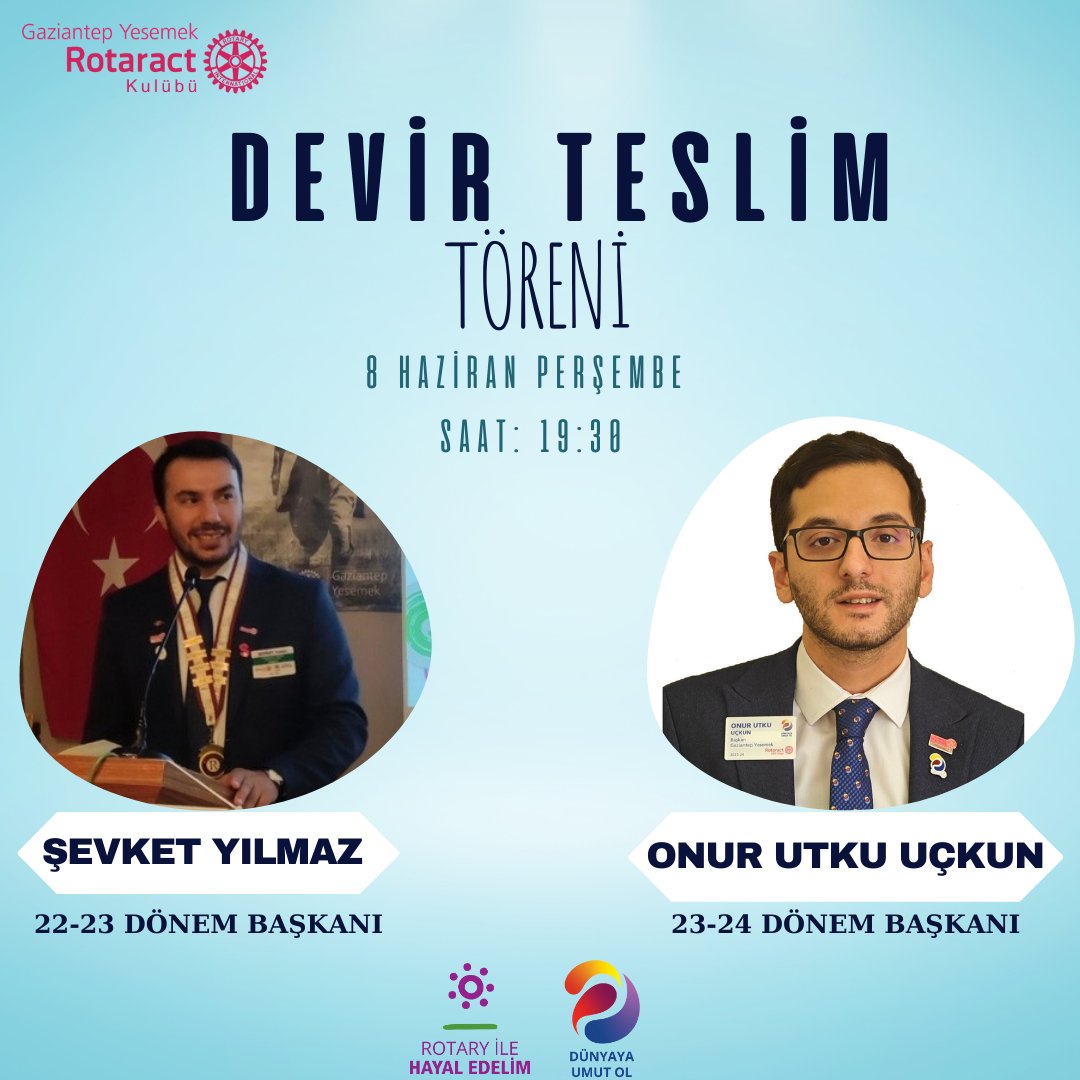 YesemekRotaract's tweet photo. 2022-2023 Döneminin sonuna gelirken Devir Teslim törenimizi sizlerle paylaşmaktan mutluluk duyuyoruz.

8 Haziran Perşembe günü 19:30'da tüm üye ve dostlarımızı törenimizde görmekten büyük mutluluk duyarız.
#yesemekrotaract
#rotaract2430 #dünyayaumutol #createhopeintheworld https://t.co/A2LpkliOco