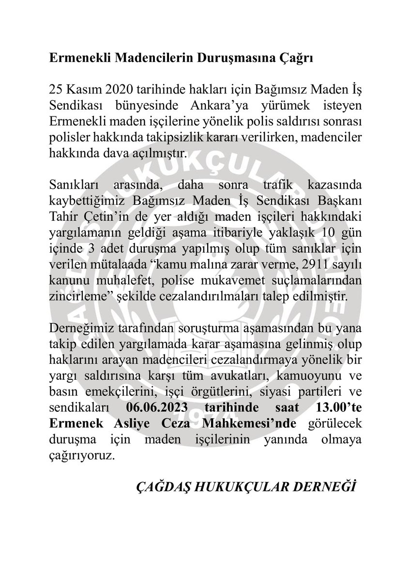 chdgenelmerkez's tweet photo. ERMENEKLİ MADENCİLERİN DURUŞMASINA ÇAĞRI

25 Kasım 2020 tarihinde hakları için Ankara’ya yürümek isteyen Ermenekli madencilere yönelik polis saldırısı sonrası madenciler hakkında dava açılmıştır

Yargılamanın 06 Haziran 2023 tarihindeki karar duruşmasına tüm kamuoyunu çağırıyoruz https://t.co/9p12AzmMr1