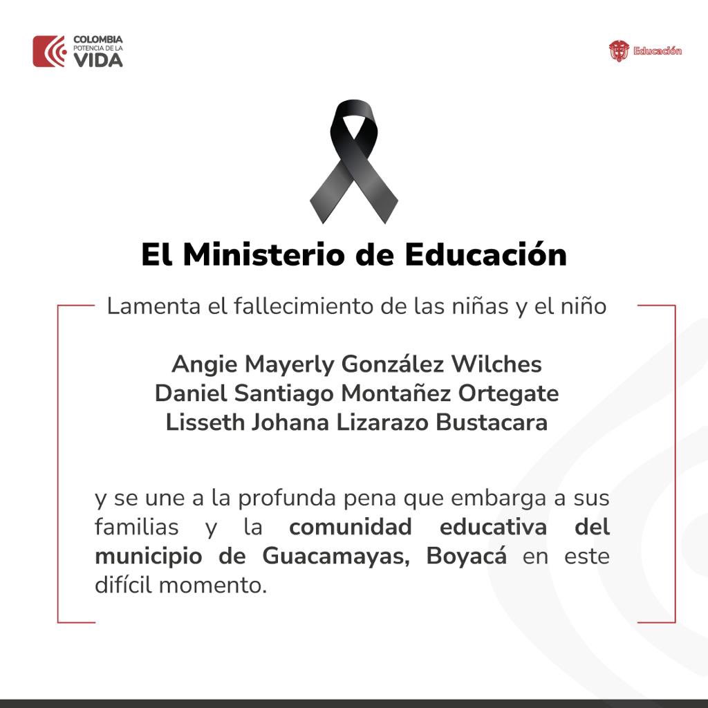 Lamentamos el fallecimiento de las niñas Angie González Wilches, Lisseth Lizaraso Bustacara, y el niño Daniel Montañez Ortegate, quiénes perdieron la vida en un accidente de tránsito en Boyacá. Nuestras condolencias para sus familias y comunidad educativa.