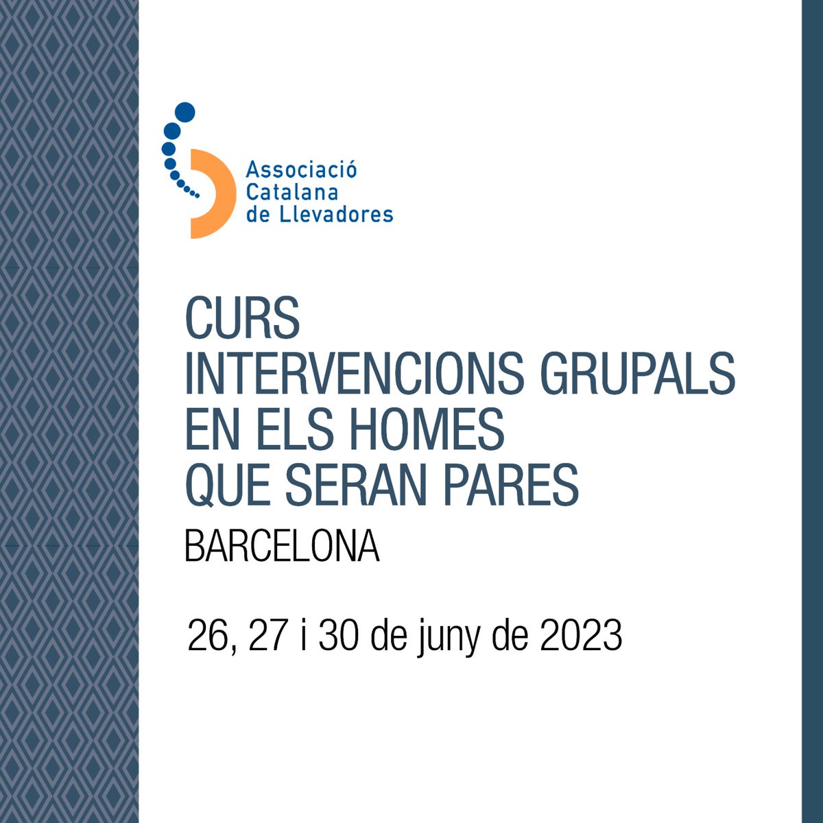 🗣Quarta edició del #curs d’INTERVENCIONS GRUPALS EN ELS HOMES QUE SERAN #PARES

🙋‍♂️ 26, 27 i 30 de juny de 2023
🏫 Biblioteca Centre Corporatiu de l’ICS - Gran Via de les Corts Catalanes, 587, 2a - Barcelona

Associades ACL: GRATUÏT🤗

#novespaternitats #formació #llevadores