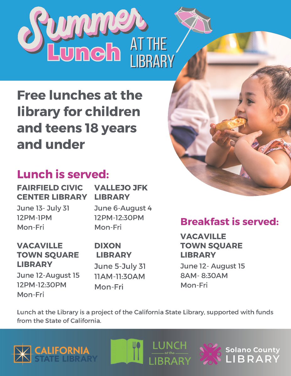 Free lunch at the library for kids &amp; teens 18 years and under! Lunch will be served on a first come, first served basis. 

Visit your local library for lunch, summer reading, and free activities to help young minds and bodies grow and thrive! 😊🍴📚