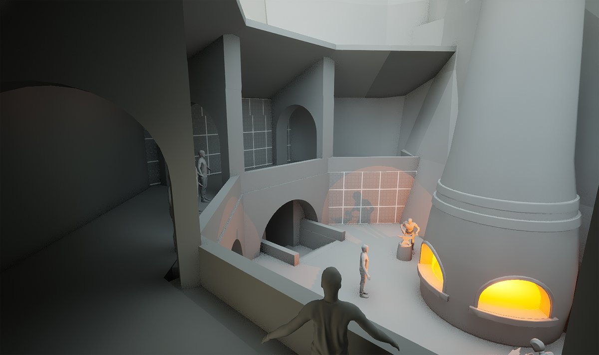 Monowlith's tweet photo. Rough draft for the abbey. Added a smelter where common people can watch the high mage process special metals. The smelting is a quasi-religious ceremony celebrated by the awe-stricken townspeople. Also my scribbles for anyone interested. #gameart #leveldesign #UnrealEngine5 https://t.co/IvGTUWmCV8