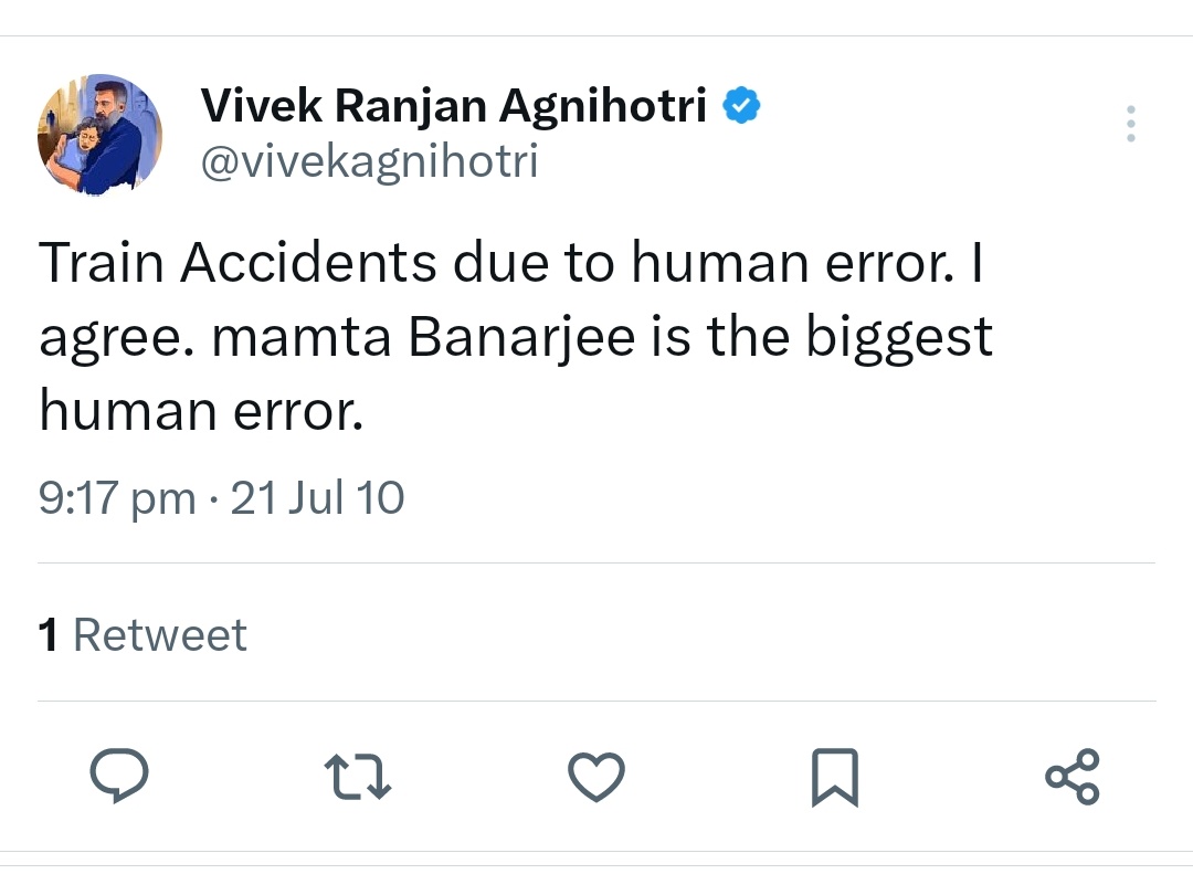 zoo_bear's tweet photo. This is @vivekagnihotri in 2010 tweeting  about the then Railway Minister Mamta Banarjee after 60+ deaths after Vananchal Express accident. 

The same guy is now Praising current Railway Minister after 260+ deaths after #CoromandelExpressAccident https://t.co/6R4iMT8rv8