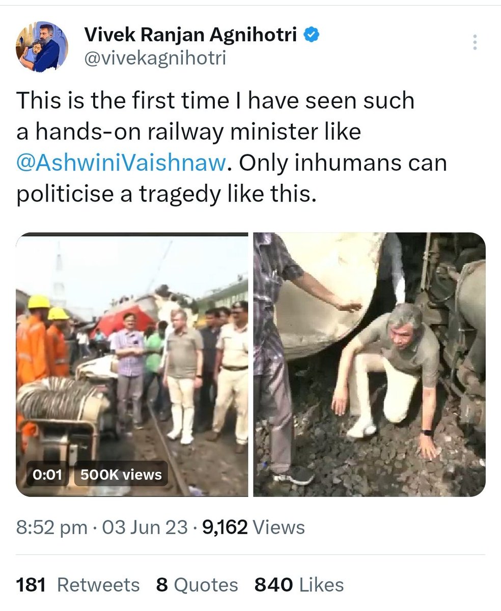 This is <a href="/vivekagnihotri/">Vivek Ranjan Agnihotri</a> in 2010 tweeting  about the then Railway Minister Mamta Banarjee after 60+ deaths after Vananchal Express accident. 

The same guy is now Praising current Railway Minister after 260+ deaths after #CoromandelExpressAccident