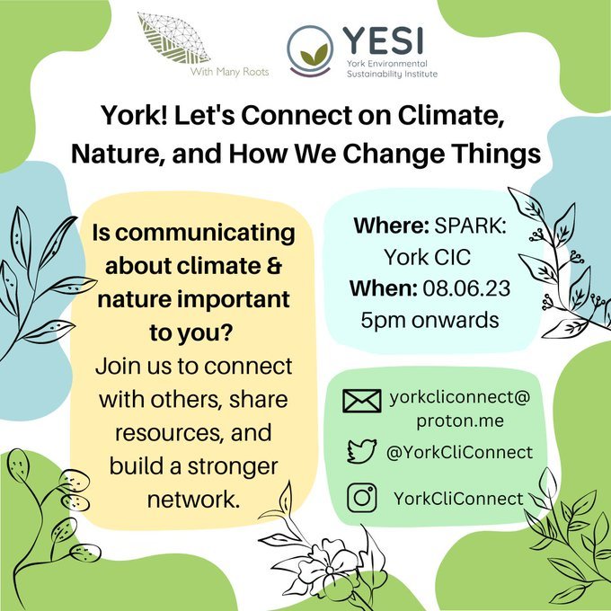 Want to make connections in climate/nature communication and action in York?  

We have an exciting range of local educators, creators, scientists, politicians, activists &amp; community organisations  joining us at Spark on Thursday!

Register/more info at tinyurl.com/York8Jun