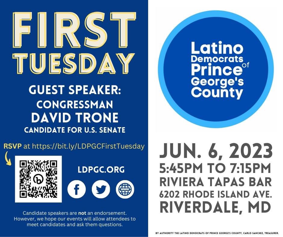 AttyVictorR's tweet photo. 🔷#PrinceGeorgesCounty join us Tuesday 6/6 to hear from Congressman David Trone, candidate for U.S. Senate. RSVP here ► https://t.co/NvbHu7FBf3 #MDpolitics #MDdems #PrinceGeorgesCounty https://t.co/h9WlSmJjGB