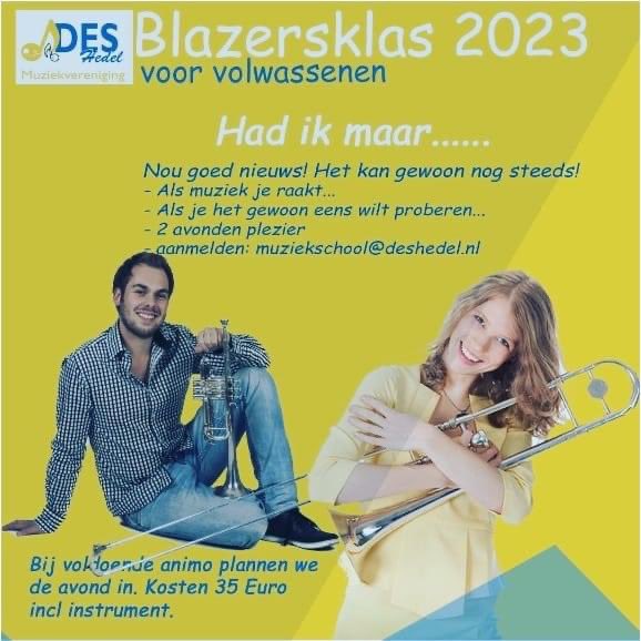 Nooit te oud om te starten!
Speciaal voor de volwassenen organiseren we een blazersklas. 
2 gezellige avonden met max 10 deelnemers
Keuze uit diverse instrumenten. muziekschool@deshedel.nl
deshedel.nl
#Hedel