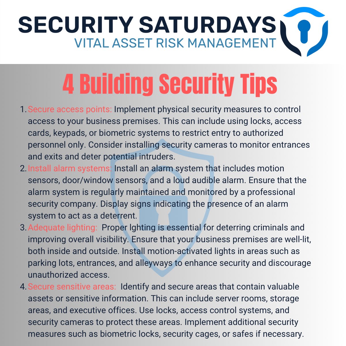 Vital_Asset_Sec's tweet image. With todays #securitysaturdays we explore building safety tips to make you and your employees safe at work.  Contact us if we can assist in a full security assessment of your business or residence.  #security #buildingsecurity #securityassessment #securityconsulting ##yyc