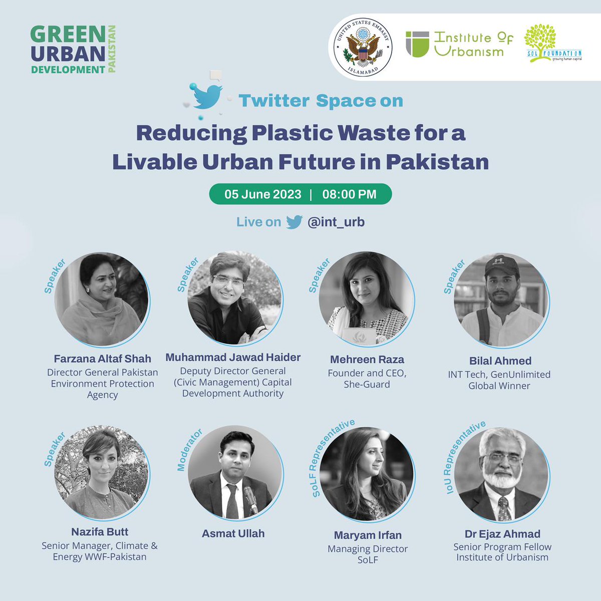 This #WorldEnvironmentDay, we're bringing together passionate individuals &amp; experts to discuss a pressing topic that impacts us all: Reducing #PlasticWaste for a Livable Urban Future in #Pakistan. 

📌Twitter Space Link : x.com/i/spaces/1OdKr…

<a href="/usembislamabad/">U.S. Embassy Islamabad</a> <a href="/solforgpk/">SoLF</a>