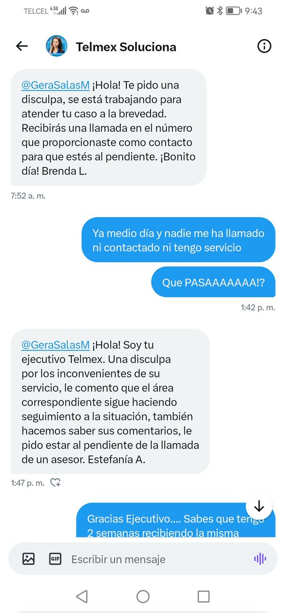 GeraSalasM's tweet photo. @Telmex @TELMEXSoluciona 16 días sin servicio y contando y siempre con la mismas respuestas..... Y no dan solución en mandar al técnico a reparar el servicio. Ni por teléfono, web oficial, ni por twitter #apesta #malservico #telmex👎 https://t.co/0lcKG5wmma