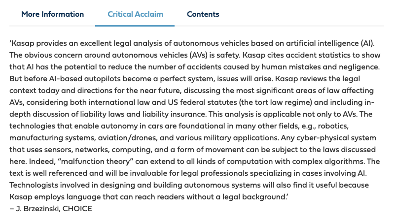 AKasap7's tweet photo. I am happy to have received this book review by J. Brezinski for my recent monograph "Autonomous Vehicles: Tracing the Locus of Regulation and Liability," published by @Elgar_Law.

To order the book please visit the following website: https://t.co/wqAqNuRvwS https://t.co/AiCWVD1lIH