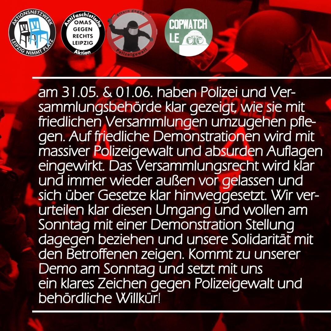 copwatch_le's tweet photo. @ElternggPG @OmasGegRechtsLE @platznehmen &amp; wir rufen auf zur Demo gegen #Polizeigewalt &amp; behördliche Willkür!

#le3105 #le0106 #le0206 #le0306 haben Polizei &amp; Versammlungsbehörde klar gezeigt, wie sie mit #antifa Protest umzugehen pflegen. 

🗓04.06.2023
📌Herderpark
⏰19 Uhr https://t.co/FeHjEq0WB7
