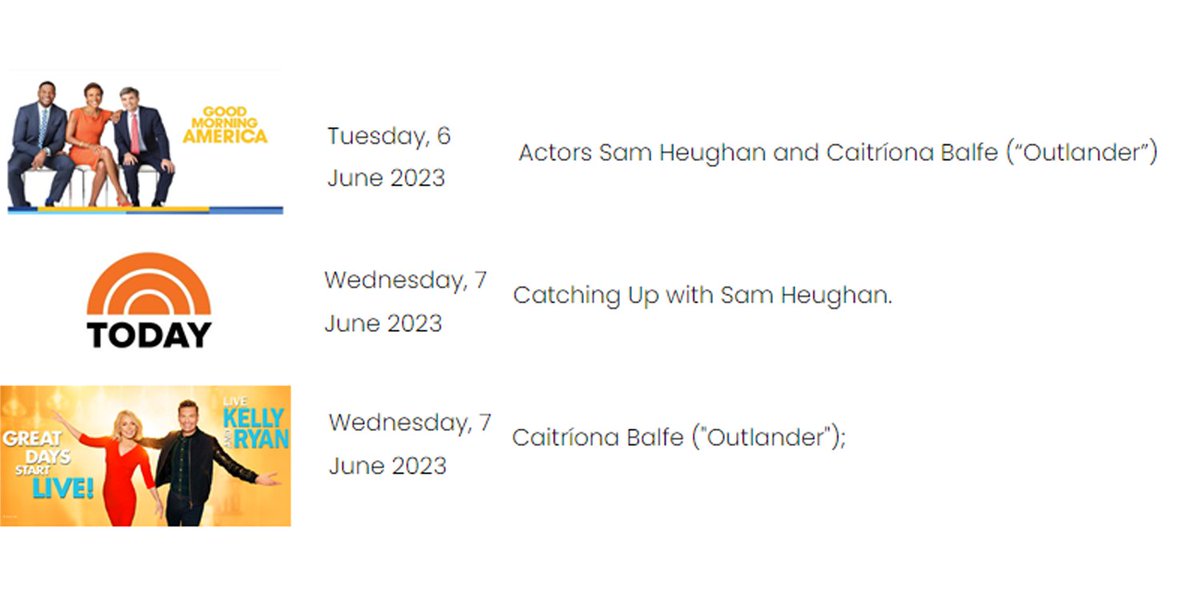 displaceintime's tweet photo. Outlander Promo!!!

Tuesday 6th June:
Sam &amp; Caitríona will be on Good Morning America 

Wednesday 7th June:
Sam will be on NBC's Today Show
Caitríona will be on Live with Kelly and Mark https://t.co/LvyROv2gHM