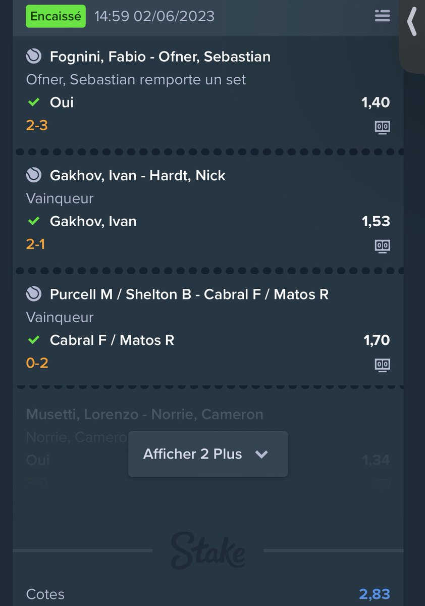 trappronos's tweet image. Belle journée hier 🤑

J’ai esquivé la douille de « Norrie gagne 1 set » en faisant un cashout.

Cote à 5 qui passe à 2,83 ✅
Cote à 2,52 ✅
Cote à 2,96 ✅

#TeamParieur