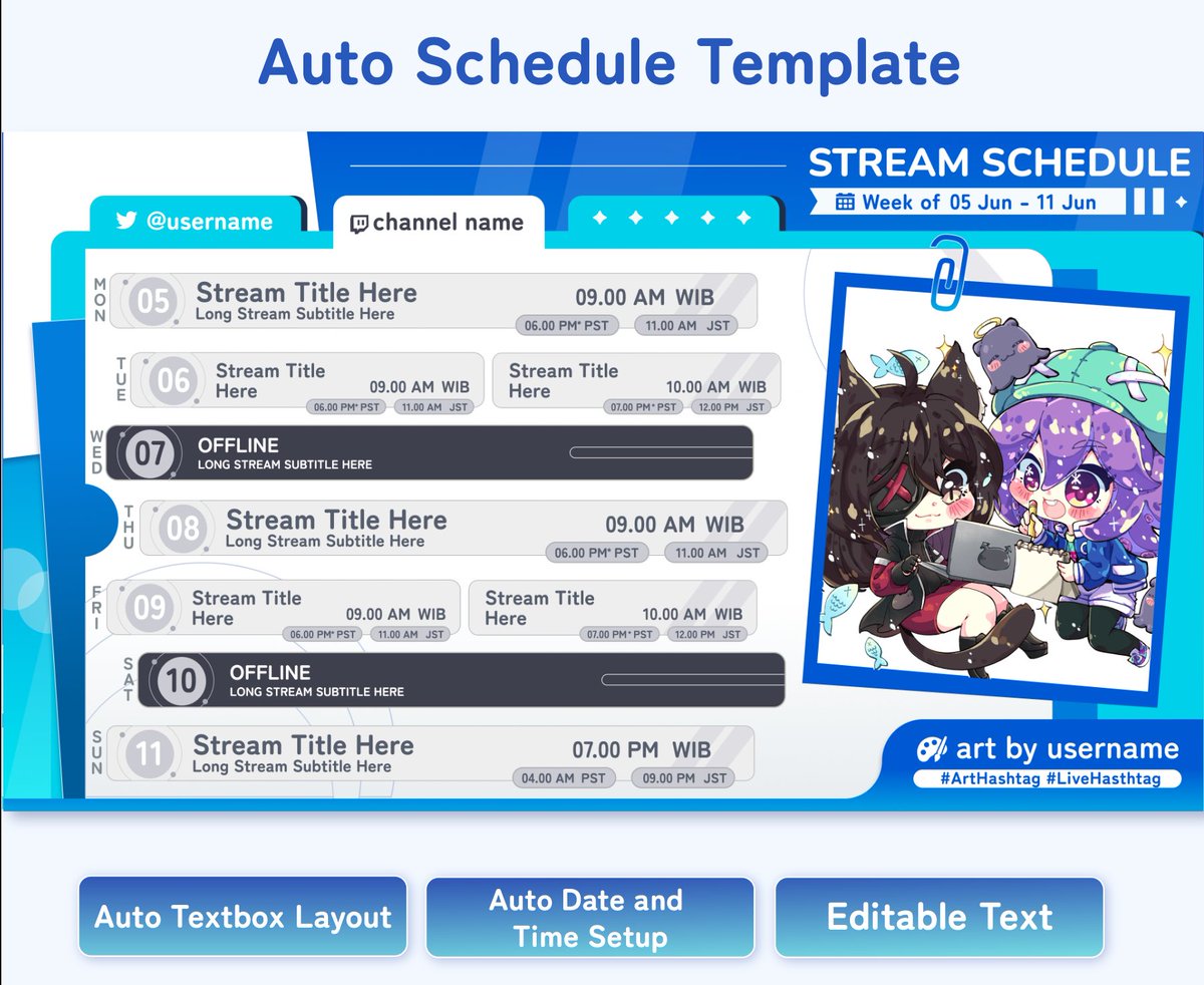 💙 New Auto Stream Schedule added to Ko-fi💙 Feature: - Auto date and time conversion! - 1 stream, 2 stream, and offline layout ✨ - Six colour options ✨ - Editable text and art link below 💖 #Vtuber #VTuberAssets
