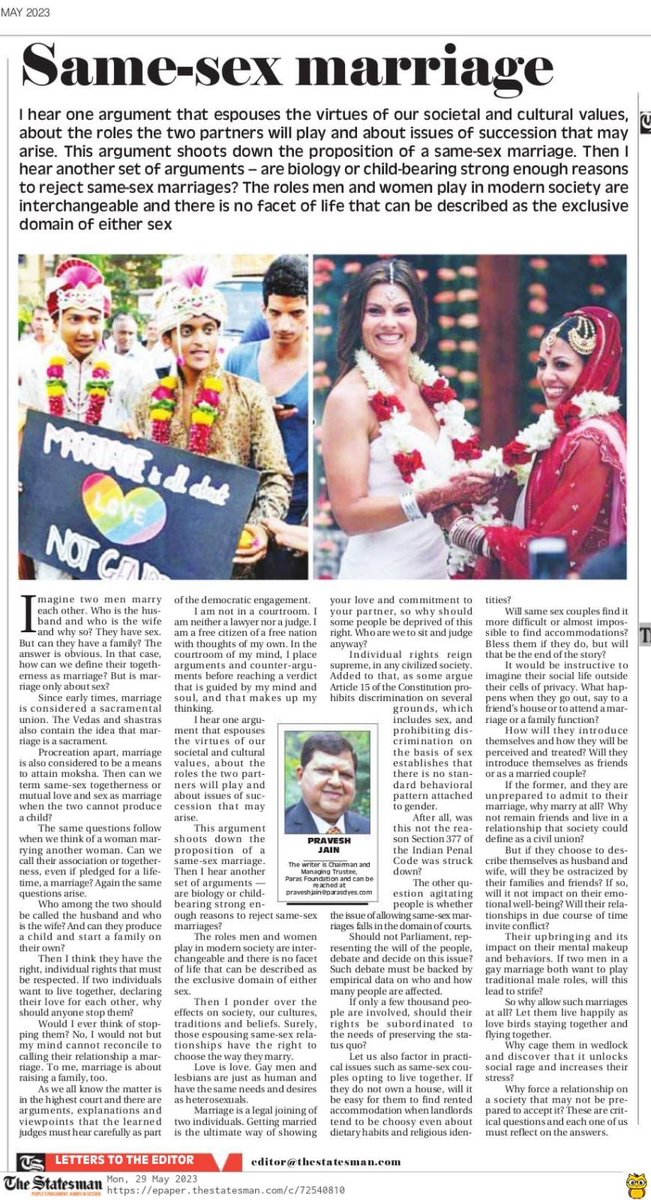 @LiveLawIndia My article on same sex marriage in The Statesman.