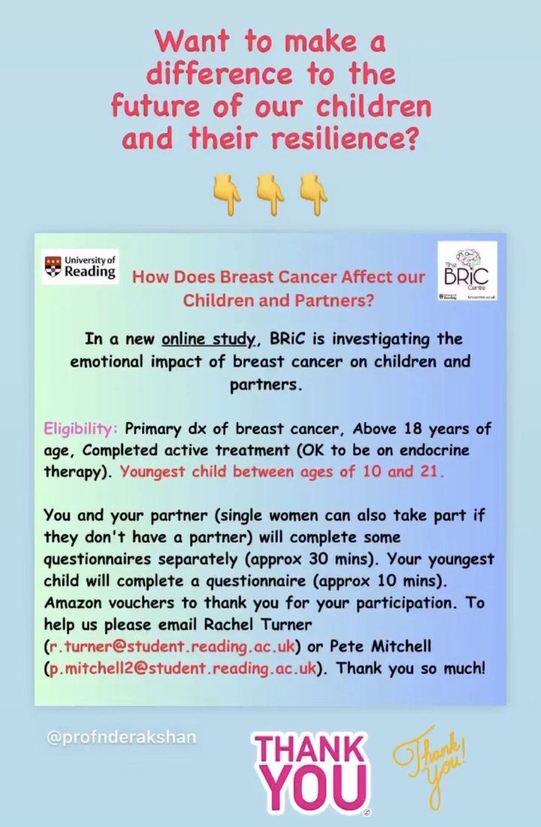 ProfNDerakshan's tweet photo. Building resilient children is something BRiC @BC_Resilience is interested in. The #mentalhealth of our children is key for their future #resilience. Please RT and take part 👇👇 if you are eligible 🙏 #breastcancer #family #children #development #research https://t.co/lgJGciIBtY