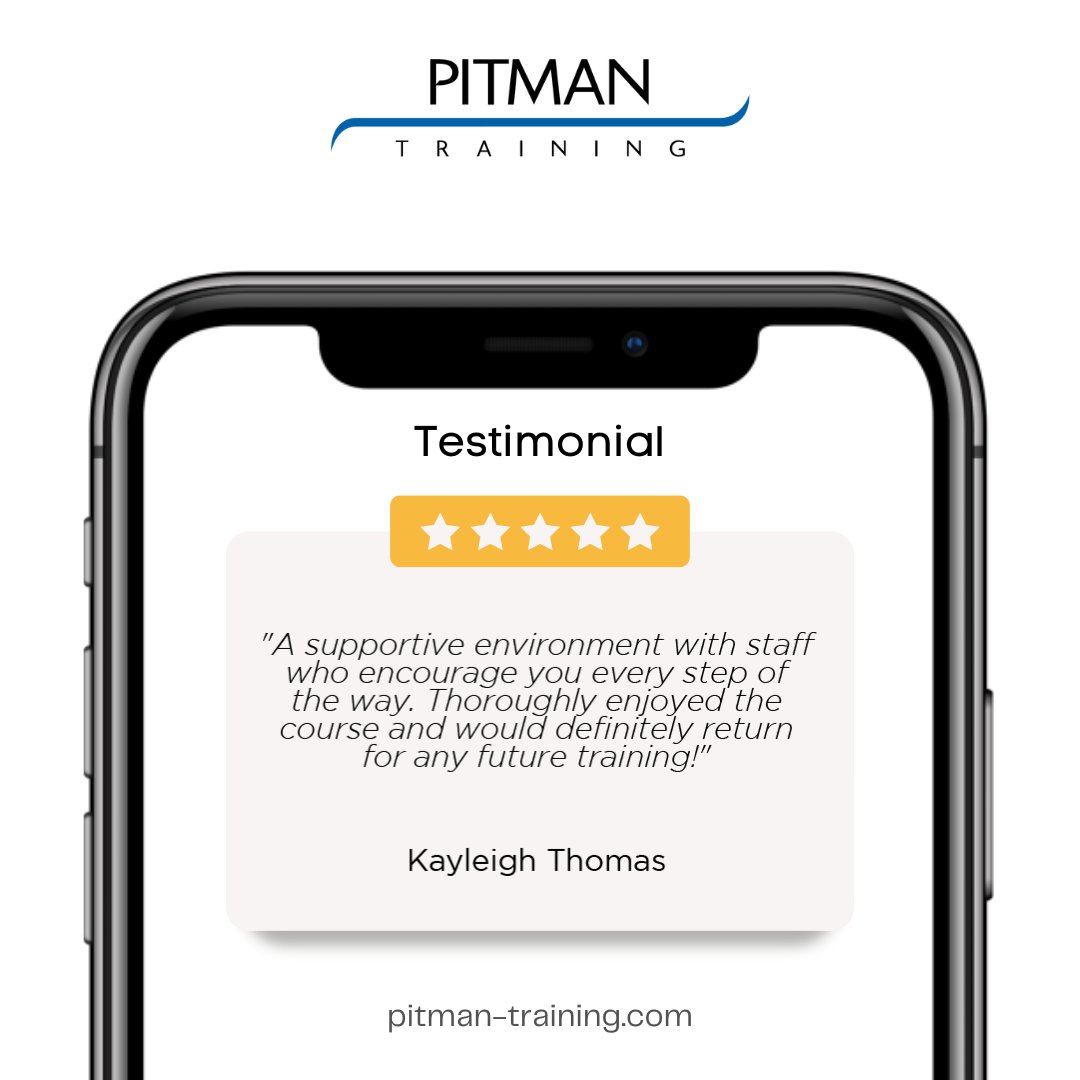 ⭐️⭐️⭐️⭐️⭐️

"A supportive environment with staff who encourage you every step of the way. Thoroughly enjoyed the course and would definitely return for any future training!" - Kayleigh Thomas

📌 Your journey to a better career starts here. pitman-training.com

 ...